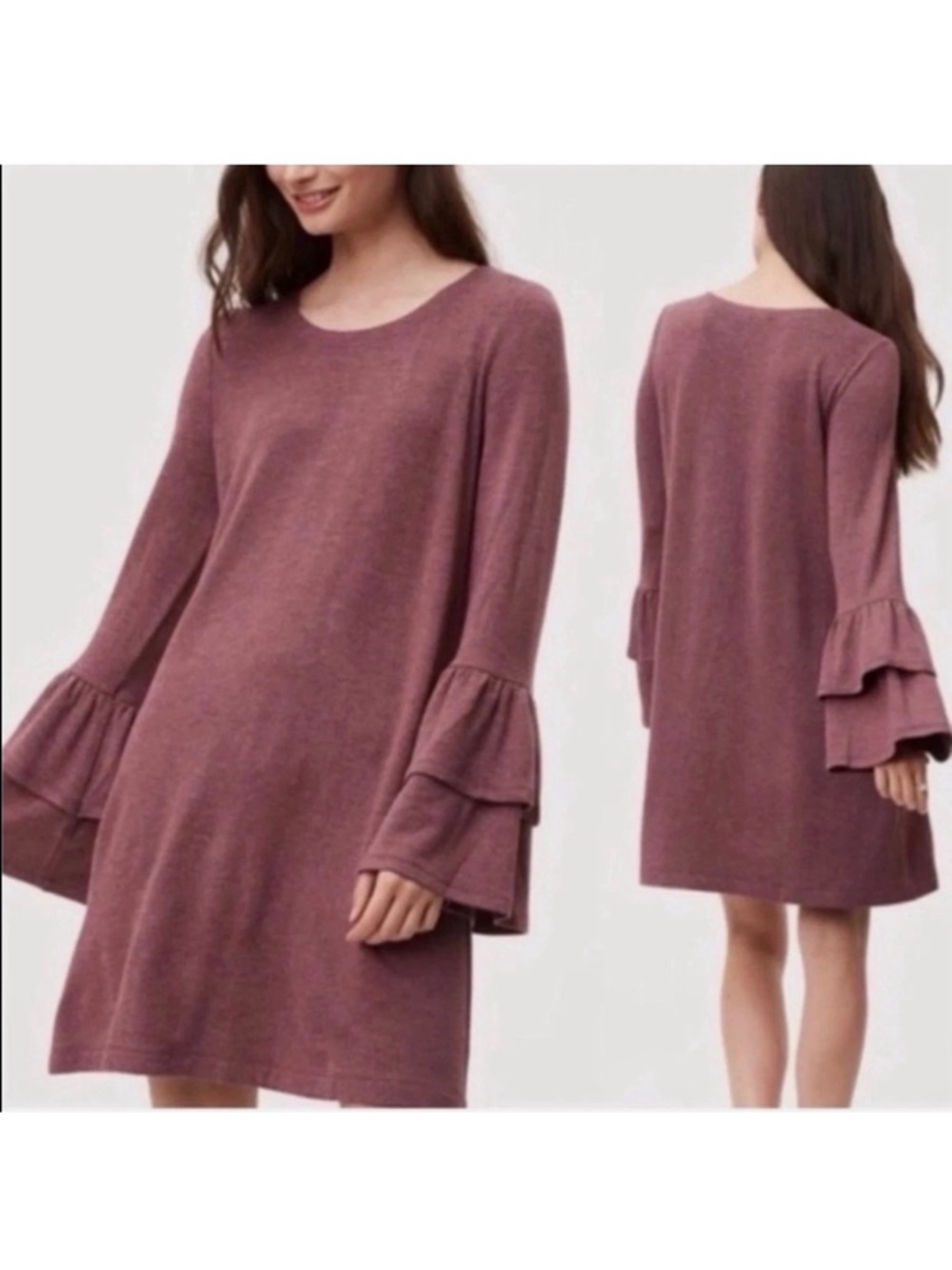 LOFT Large Heather Burgundy Long Sleeve, Ruffle Bell Sleeve Dress